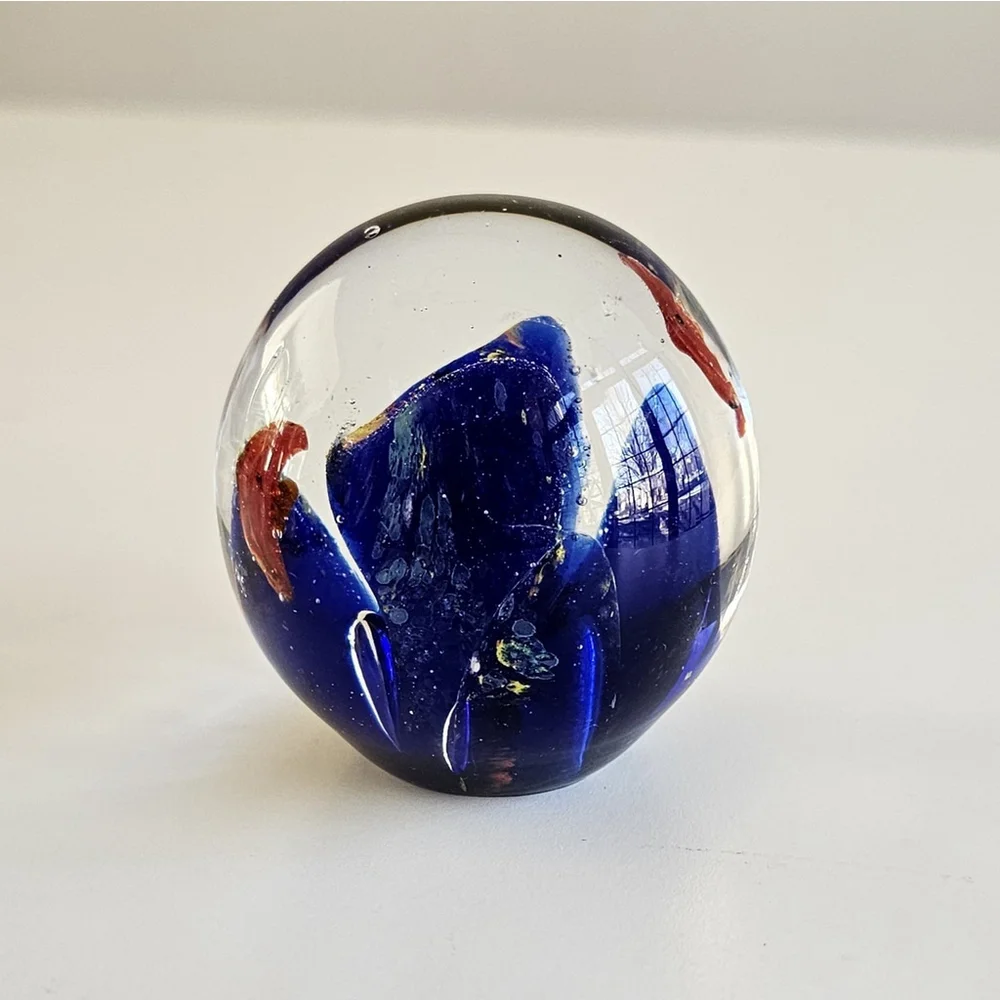 Vintage Art Glass Paperweight 2.5” Blue Red Controlled Bubble Hand Blown